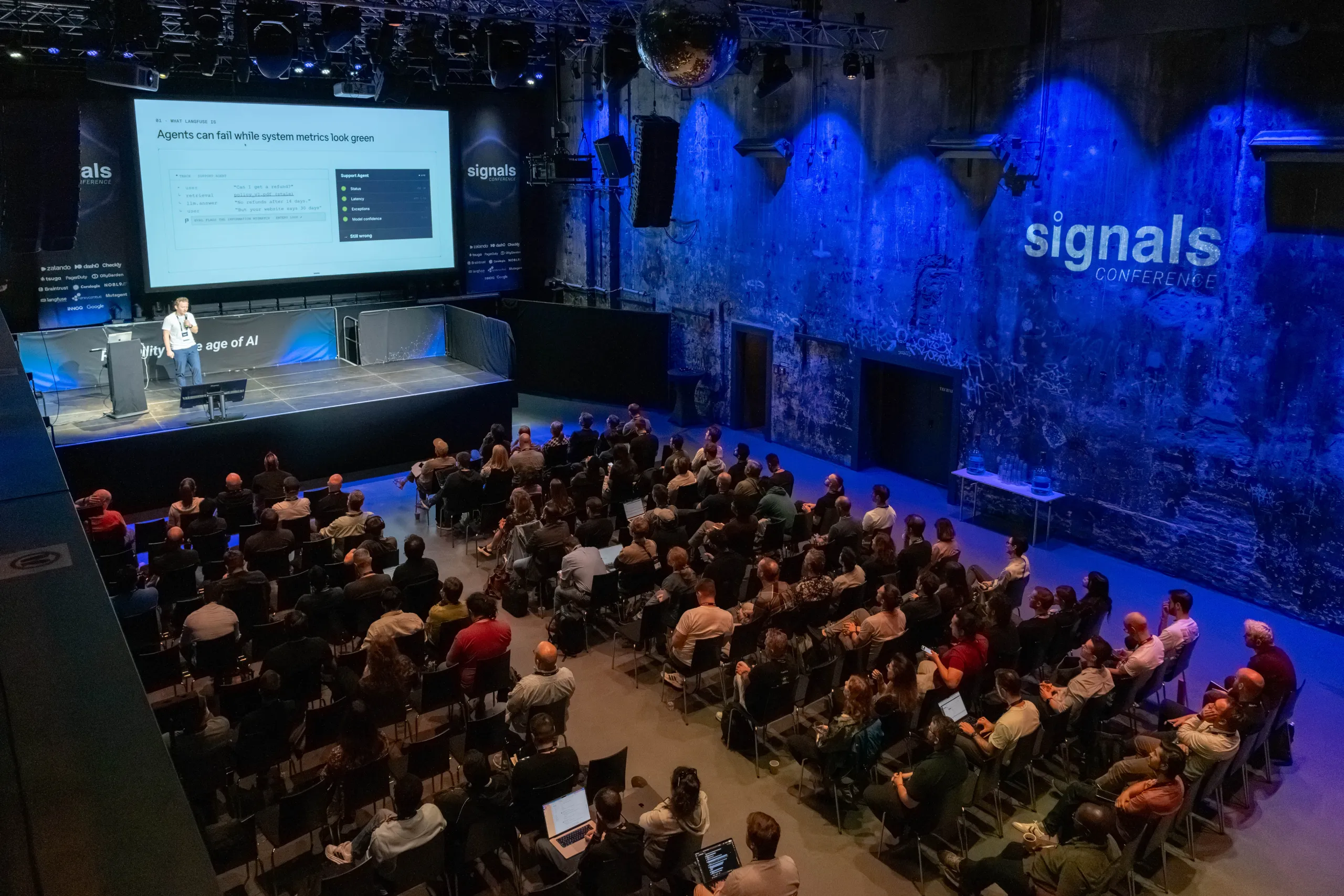 The Kesselhaus at Kulturbrauerei Berlin during a talk at Signals 2026, seen from above